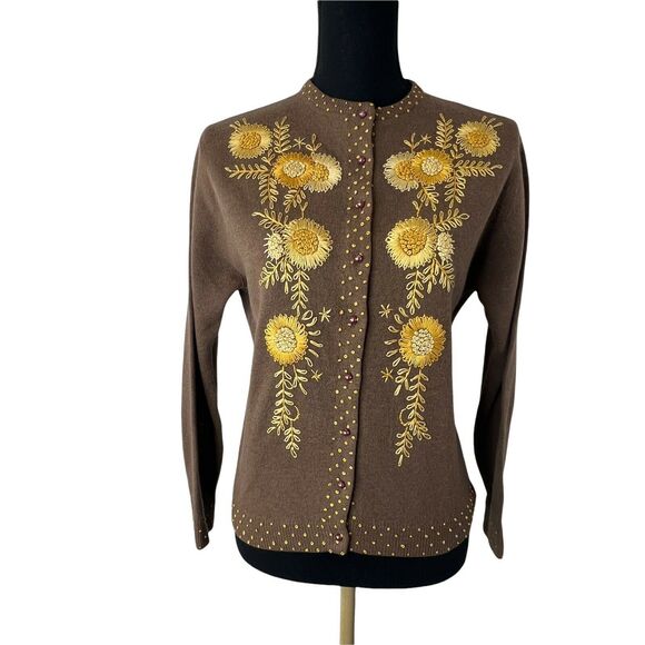Vintage Knit Cardigan Dark Brown Wool Blend Hand Embroidered‎ Yellow Flowers S/M - Picture 1 of 12
